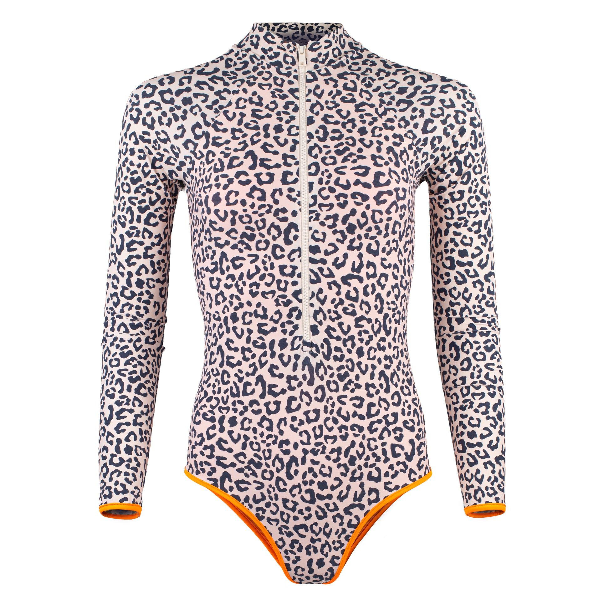Long sleeve swimsuit in leopard print with orange lining