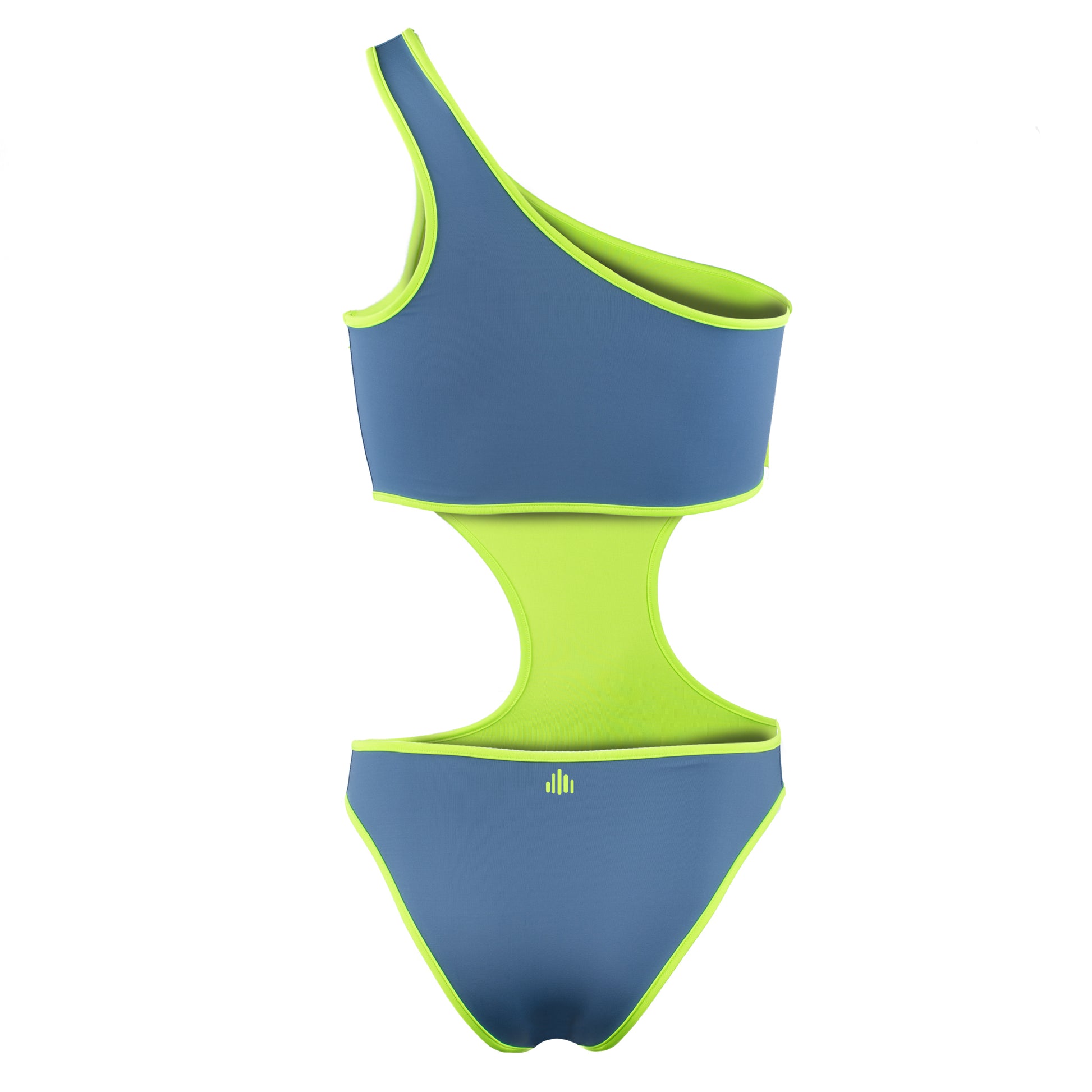 cut out swimsuit, neon color swimsuit, swimsuit 2023 cut out in blue with yellow lining, bañador trikini en azul con detalles en verde neon