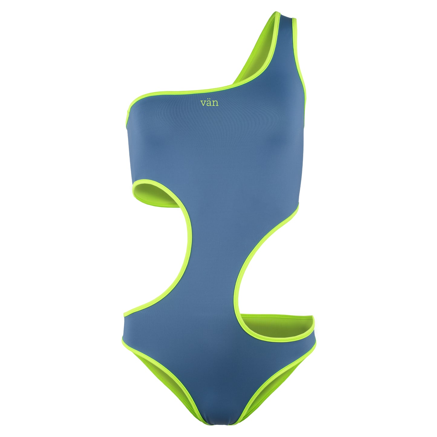 cut out swimsuit, neon color swimsuit, swimsuit 2023 cut out in blue with yellow lining, bañador trikini en azul con detalles en verde neon