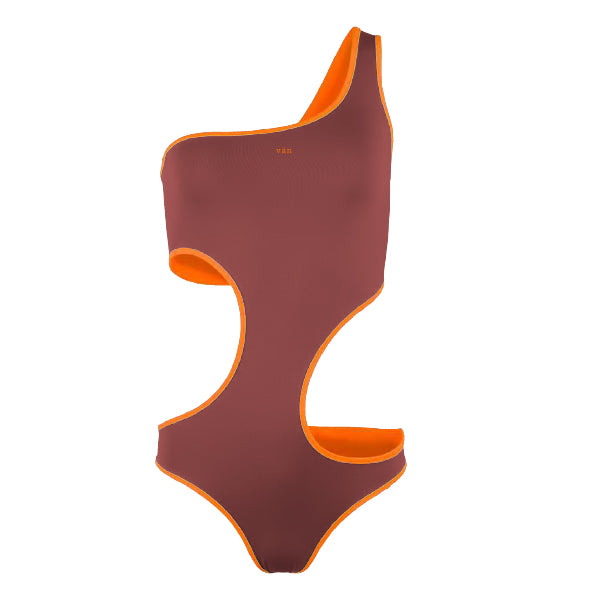 cut out swimsuit, neon color swimsuit, swimsuit 2023 cut out in brown with orange lining, bañador cut out en colores neon, bañador asimetrico maron y color naranja