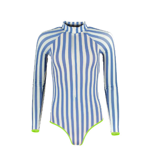 long sleeves swimsuit, bañador manga larga, striped swimsuit, long sleeves striped blue and white swimsuit, bañador de manga larga con rayas azul y blanco, bañador para hacer surf, bañador manga larga con bikini