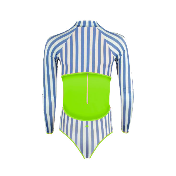 long sleeves swimsuit, bañador manga larga, striped swimsuit, long sleeves striped blue and white swimsuit, bañador de manga larga con rayas azul y blanco, bañador para hacer surf, bañador manga larga con bikini