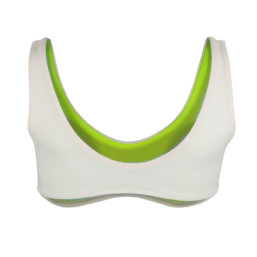 bikini top sport white with neon green lining, bikini deportivo en blanco con detalles color verde