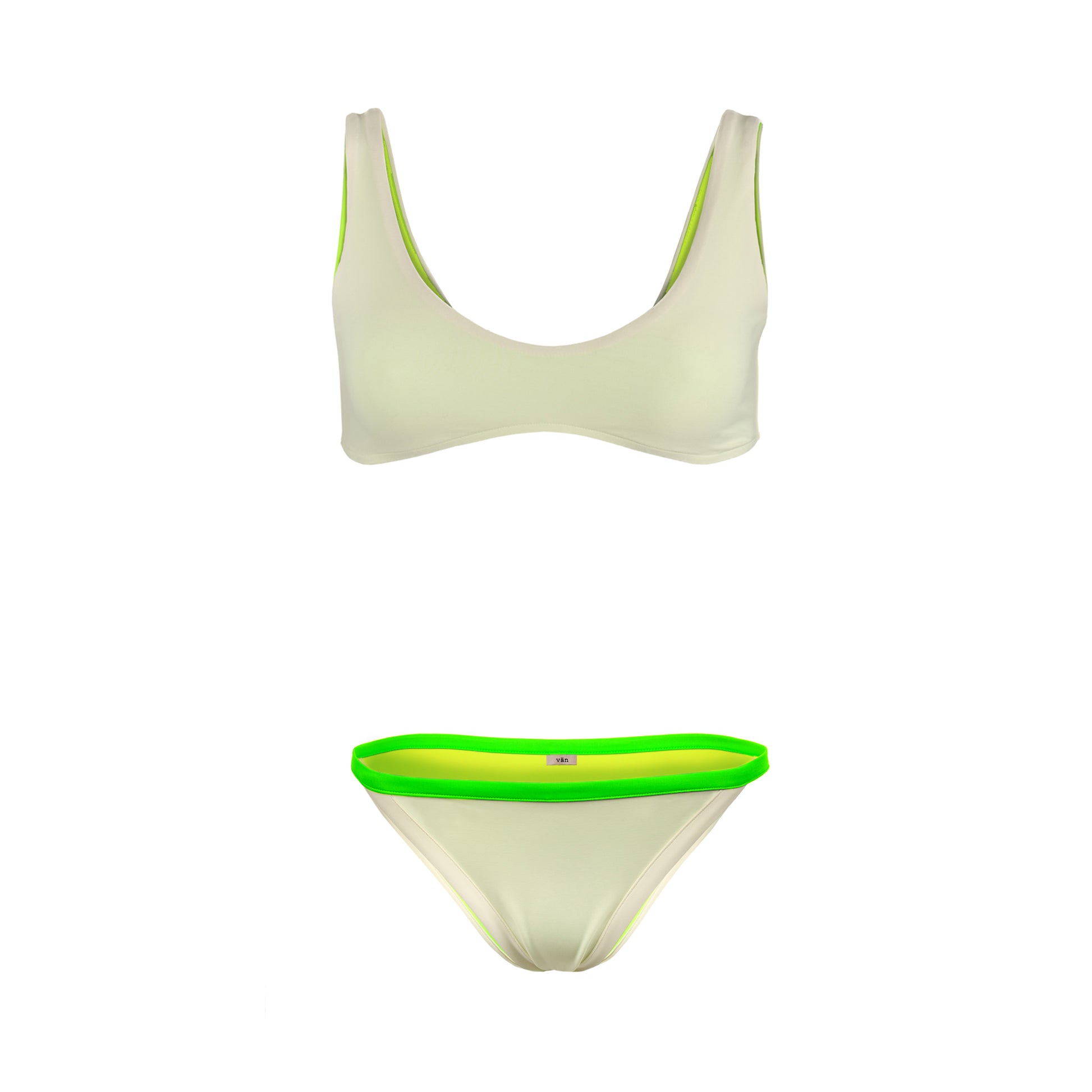 bikini gaya in white and neon green, sport bikini in white and neon green, bañador blanco y neon verde