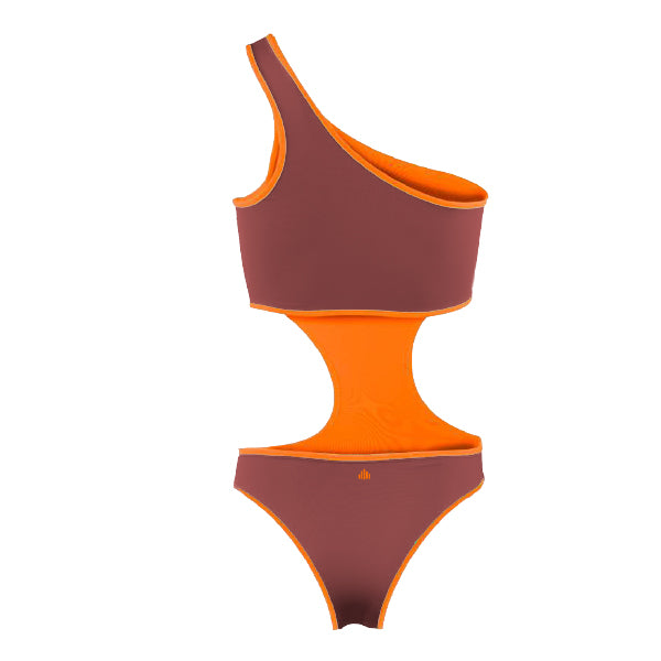 cut out swimsuit, neon color swimsuit, swimsuit 2023 cut out in brown with orange lining, bañador cut out en colores neon, bañador asimetrico maron y color naranja