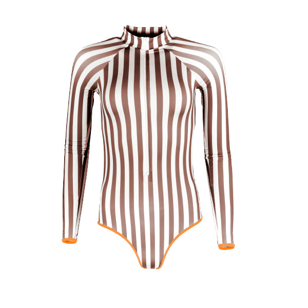 long sleeves swimsuit with stripes, brown and white stripes swimsuit with long sleeves, orange lining swimsuit with open back