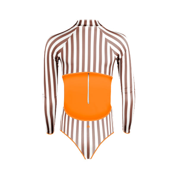 long sleeves swimsuit with stripes, brown and white stripes swimsuit with long sleeves, orange lining swimsuit with open back